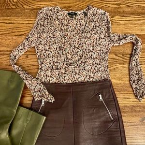 Theory Floral Crinkled Silk Long Sleeve Blouse SzM